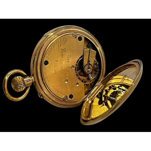 140 - 9 carat gold keyless half hunter, the dial signed Benson, London.