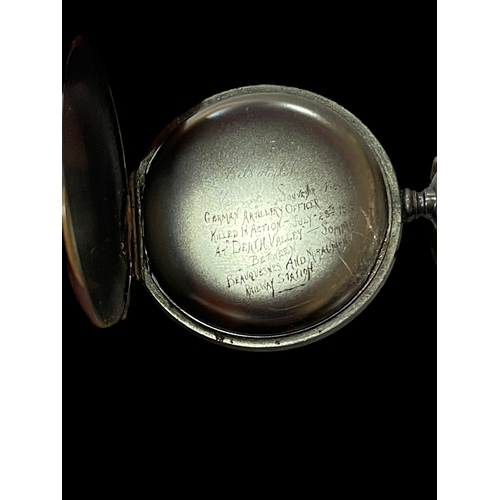 141 - Tavannes, keyless pocket watch of WWI era with internal inscription referring to German Officer kill... 