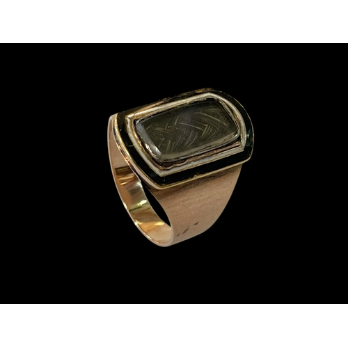 160 - Georgian gold mourning ring having black and white line enamel around hair locket, inscribed and dat... 