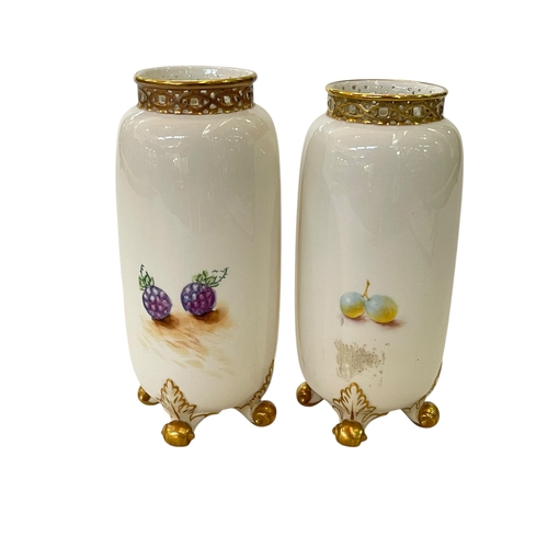 234 - Pair of Royal Worcester fruit painted vases, signed J Reed and C Brown, both having gilded pierced r... 