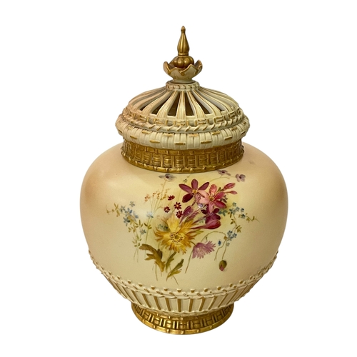 236 - Large Royal Worcester pot pourri vase, lid and cover, the part moulded body with gilt and colour pai... 