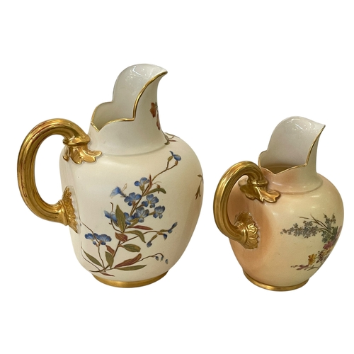 237 - Large Royal Worcester flatback jug with flowers on ivory body, 18cm, together with smaller blush gro... 