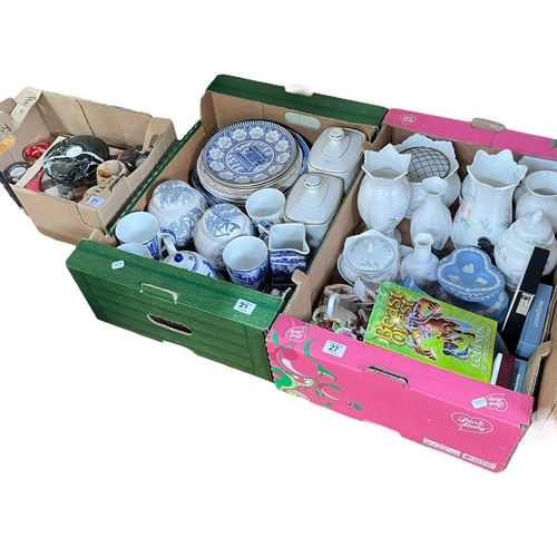 27 - Five boxes of china including Ringtons, Wedgwood, commemoratives, etc.