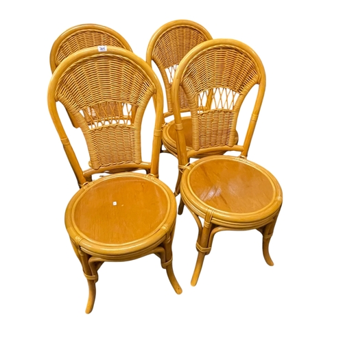 305 - Pair rattan effect and wrought metal benches and set of four wickerwork chairs (6).