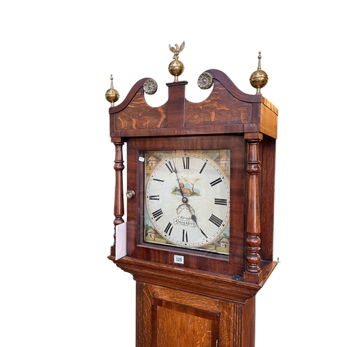 328 - Antique oak and mahogany 30 hour longcase clock having square painted dial, 214cm.