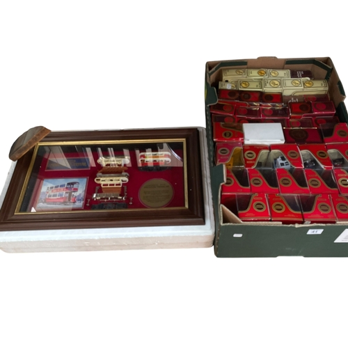 41 - Box of Yesteryear models, two display cases and Conossieur collection.