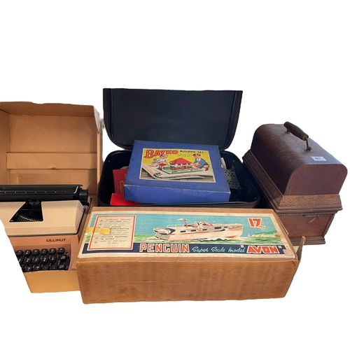 67 - Vintage toys, Columbia graphophone, Lilliput typewriter, cameras, boxed Wade Whimsies, silver plate ... 