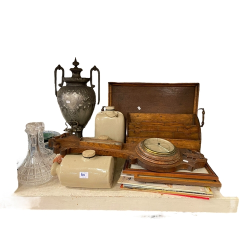 80 - Two cases of two light fittings, letter rack, barometer, tray, silver plated urn, blue and white and... 