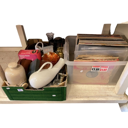 81 - Full shelf of china, tea and dinnerwares, mantel clock, records, glass, etc.