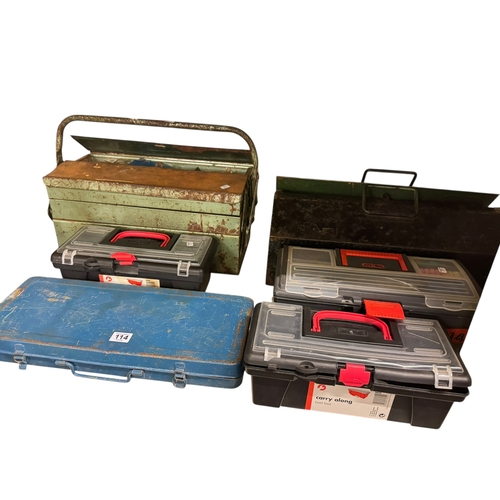 114 - Five tool boxes and contents and socket set.