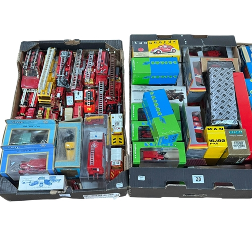 28 - Four boxes of die-cast and model fire engines, etc.