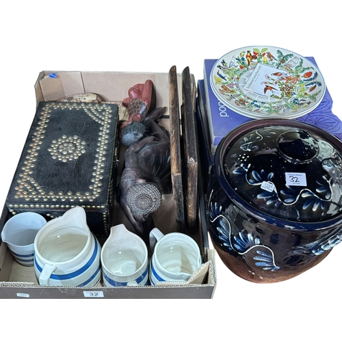32 - Wedgwood plates, large stoneware jar, vintage studded box, etc.