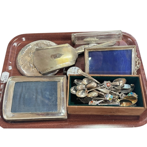 6 - Silver pocket watch, two silver photograph frames, two silver backed mirrors and collection of silve... 