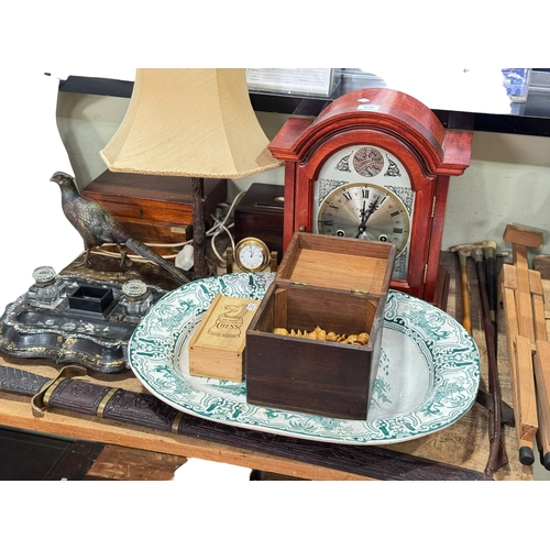 60 - Pheasant and tree lamp, papier mache and mother of pearl inkstand, mantel clock, two chess sets, mea... 