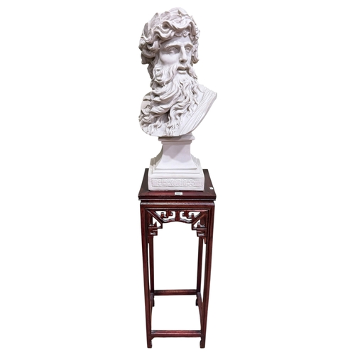 124 - Composite bust of Hercules on inset marble topped Oriental stand, 157cm including stand.