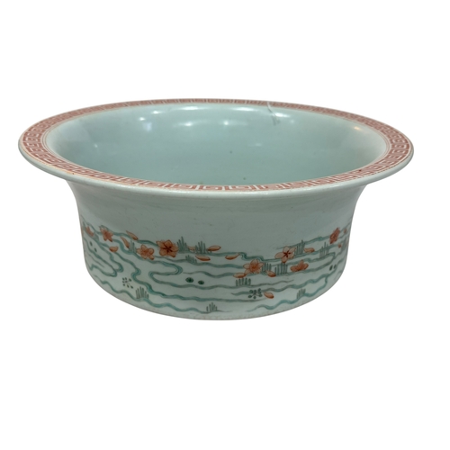 129 - Large Chinese porcelain basin decorated with lake scene and geometric decorated lid, 34cm diameter.