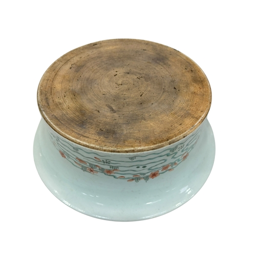 129 - Large Chinese porcelain basin decorated with lake scene and geometric decorated lid, 34cm diameter.