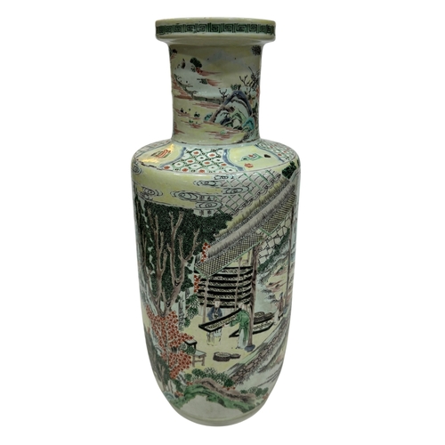 131 - Large Chinese Famille Verté Rouleau rice production vase decorated with landscape and verse, 46cm.
