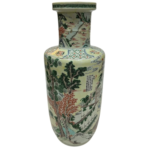 131 - Large Chinese Famille Verté Rouleau rice production vase decorated with landscape and verse, 46cm.