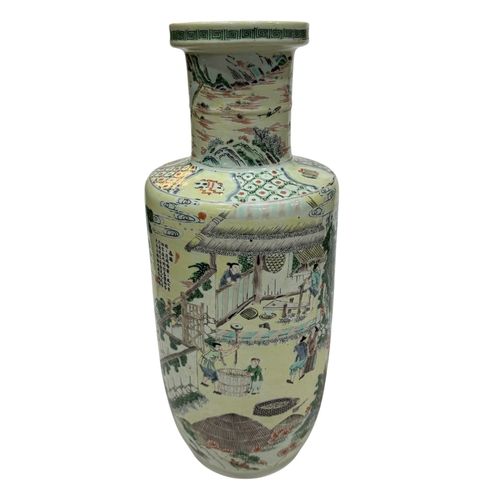 131 - Large Chinese Famille Verté Rouleau rice production vase decorated with landscape and verse, 46cm.