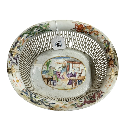 146 - Chinese brush pot decorated with figures and verse, and Chinese pierced pottery basket.