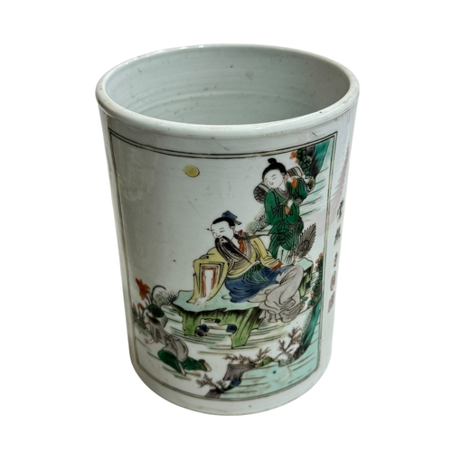 146 - Chinese brush pot decorated with figures and verse, and Chinese pierced pottery basket.