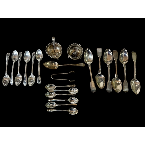 237 - Three sets of six silver tea and coffee spoons, pair open salts, thimble, tongs and two spoons.