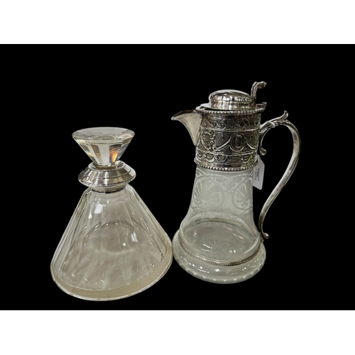 244 - French silver mounted Art Deco decanter and silver plated mounted and etched glass claret jug.