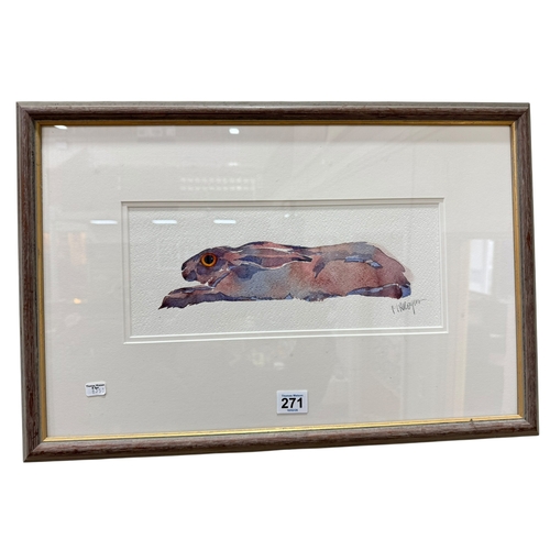 271 - Mary Ann Rogers, Resting Hare, watercolour, signed in pencil lower right, 12.5cm by 31.5cm, framed.