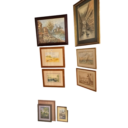 281 - Collection of ten various pictures including Continental oil, landscapes, etc.