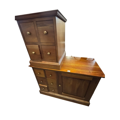 305 - Contemporary hardwood entertainment unit and matching four drawer pedestal.