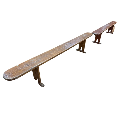 317 - Pair Victorian grain painted pine benches, 43cm by 237cm by 25cm.