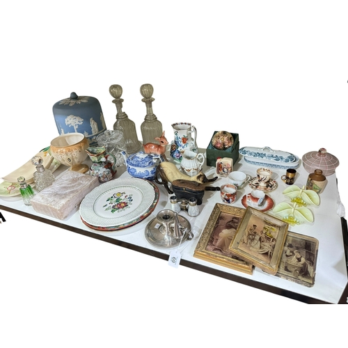 69 - Mixed lot with two silver mounted scent bottles, two bell decanters, opera glasses, Jasperware chees... 
