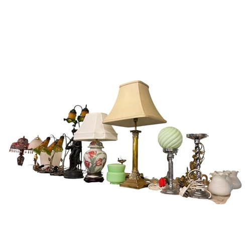 74 - Collection of twelve various table lamps, ceiling lights and picture light including chrome Deco sty... 