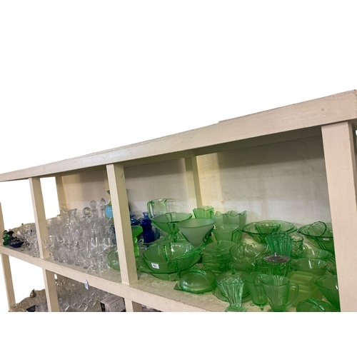 80 - Collection of Deco style green glassware, blue glass trinket set, art glass vases, crystal drinking ... 