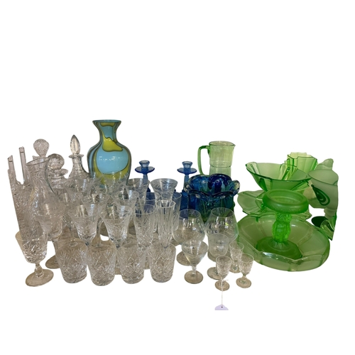 80 - Collection of Deco style green glassware, blue glass trinket set, art glass vases, crystal drinking ... 