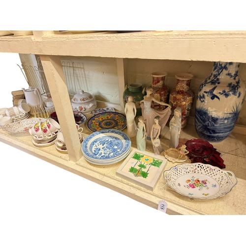 115 - Four Lladro figures, pair Satsuma vases, Doulton plate, pair Schumann pierced bowls, teaware, etc.