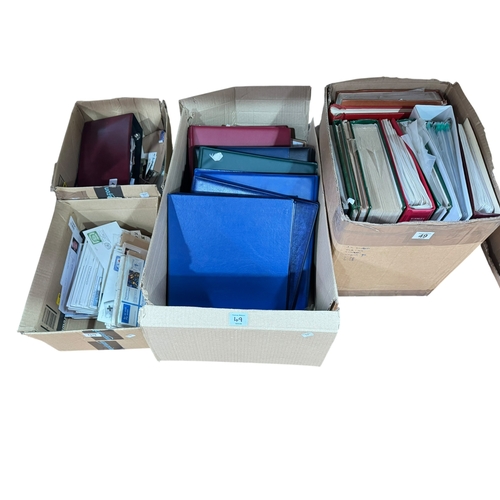 Four boxes of postal history, first day covers, stamps and empty albums.