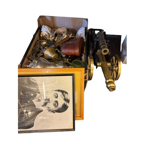 103 - Chinoiserie decorated cakestand, large Arabian ewer, two brass canons, box of metalwares, binoculars... 