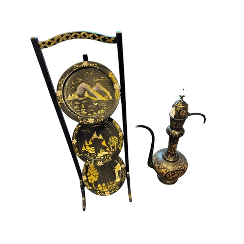 103 - Chinoiserie decorated cakestand, large Arabian ewer, two brass canons, box of metalwares, binoculars... 
