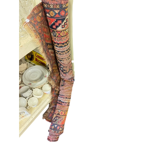 105 - Brass coal scuttle, wicker baskets, pierced cast fender, table lamps, mahogany stool, pictures, rug,... 