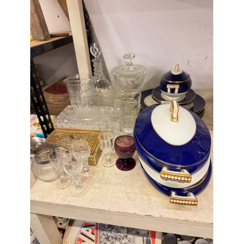 105A - Cauldon part dinner service, assorted glass including decanters, rincers, etc.