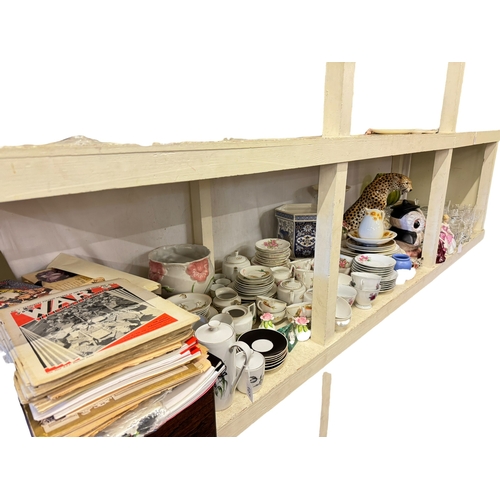 107 - Full shelf of glass, china, Victorian rosewood toilet box, LP records, etc.