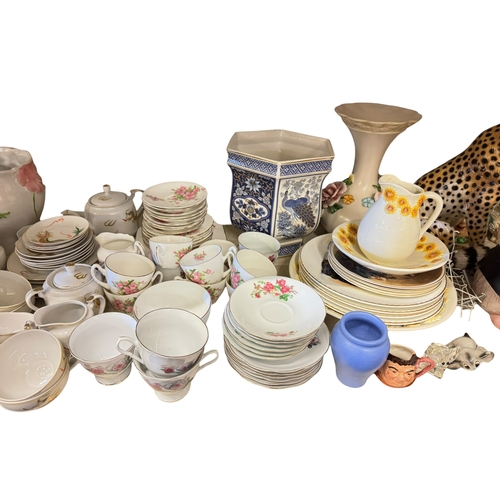 107 - Full shelf of glass, china, Victorian rosewood toilet box, LP records, etc.