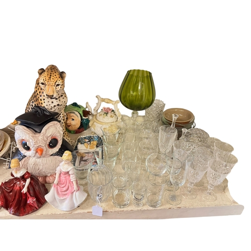 107 - Full shelf of glass, china, Victorian rosewood toilet box, LP records, etc.