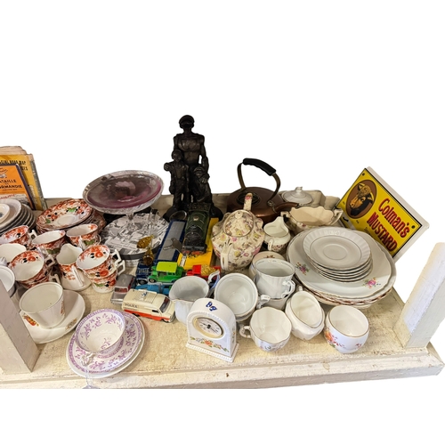 108 - Full shelf of china including Masons Mandalay, teawares, model vehicles, etc.