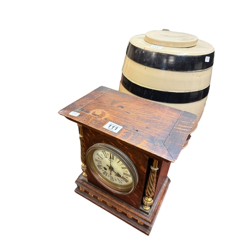111 - Oak mantel clock, pond yacht and Fardons Pure Malt Vinegar barrel.