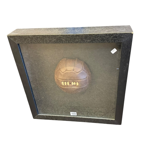 119 - Framed vintage leather football.