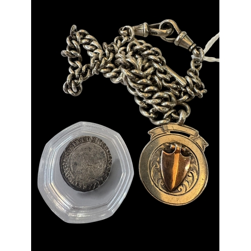 149 - Victorian silver albert with medal and antique coin.