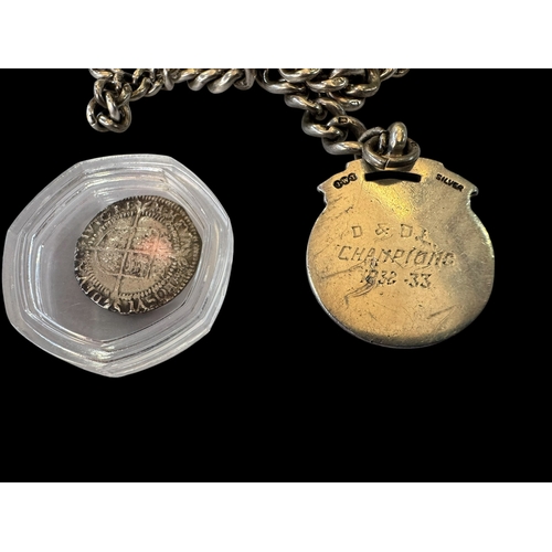 149 - Victorian silver albert with medal and antique coin.